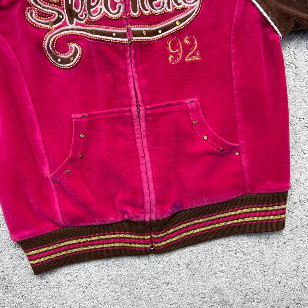 Y2k Skechers Hoodie Girls M Brown Pink Velour McBling Rhinestone Embroidered - Picture 6 of 15